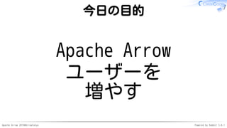 Apache Arrow 2019#ArrowTokyo Powered by Rabbit 3.0.1
今日の目的
Apache Arrow
ユーザーを
増やす
 