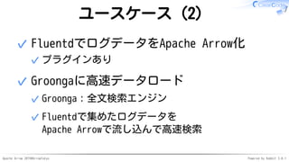 Apache Arrow 2019#ArrowTokyo Powered by Rabbit 3.0.1
ユースケース（2）
FluentdでログデータをApache Arrow化
プラグインあり✓
✓
Groongaに高速データロード
Gro...
