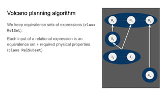 Volcano planning algorithm
We keep equivalence sets of expressions (class
RelSet).
Each input of a relational expression is an
equivalence set + required physical properties
(class RelSubset).
R0
S0
R1
T0
T1
R2
Uo
 