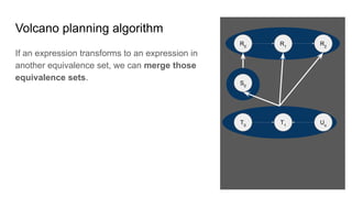 Volcano planning algorithm
If an expression transforms to an expression in
another equivalence set, we can merge those
equivalence sets.
R0
S0
R1
T0
T1
R2
Uo
 