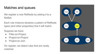 Matches and queues
We register a new RelNode by adding it to a
RelSet.
Each rule instance declares a pattern of RelNode
types (and other properties) that it will match.
Suppose we have:
● Filter-on-Project
● Project-on-Project
● Project-on-Join
On register, we detect rules that are newly
matched.
Project Filter
Union Project
Join Scan Project
 