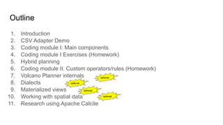 Outline
1. Introduction
2. CSV Adapter Demo
3. Coding module I: Main components
4. Coding module I Exercises (Homework)
5. Hybrid planning
6. Coding module II: Custom operators/rules (Homework)
7. Volcano Planner internals
8. Dialects
9. Materialized views
10. Working with spatial data
11. Research using Apache Calcite
optional
optional
optional
optional
 