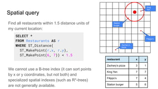 Spatial query
Find all restaurants within 1.5 distance units of
my current location:
We cannot use a B-tree index (it can sort points
by x or y coordinates, but not both) and
specialized spatial indexes (such as R*-trees)
are not generally available.
restaurant x y
Zachary’s pizza 3 1
King Yen 7 7
Filippo’s 7 4
Station burger 5 6
SELECT *
FROM Restaurants AS r
WHERE ST_Distance(
ST_MakePoint(r.x, r.y),
ST_MakePoint(6, 7)) < 1.5
•
•
•
•
Zachary’s
pizza
Filippo’s
King
Yen
Station
burger
 