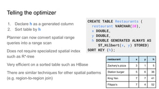 Telling the optimizer
1. Declare h as a generated column
2. Sort table by h
Planner can now convert spatial range
queries into a range scan
Does not require specialized spatial index
such as R*-tree
Very efficient on a sorted table such as HBase
There are similar techniques for other spatial patterns
(e.g. region-to-region join)
CREATE TABLE Restaurants (
restaurant VARCHAR(20),
x DOUBLE,
y DOUBLE,
h DOUBLE GENERATED ALWAYS AS
ST_Hilbert(x, y) STORED)
SORT KEY (h);
restaurant x y h
Zachary’s pizza 3 1 5
Station burger 5 6 36
King Yen 7 7 41
Filippo’s 7 4 52
 