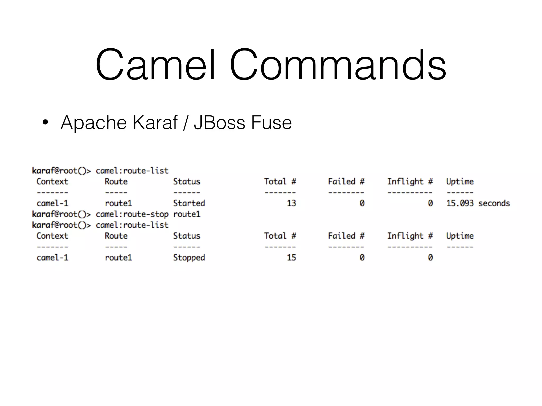Camel Commands
• Apache Karaf / JBoss Fuse 
 
 
 
 
 