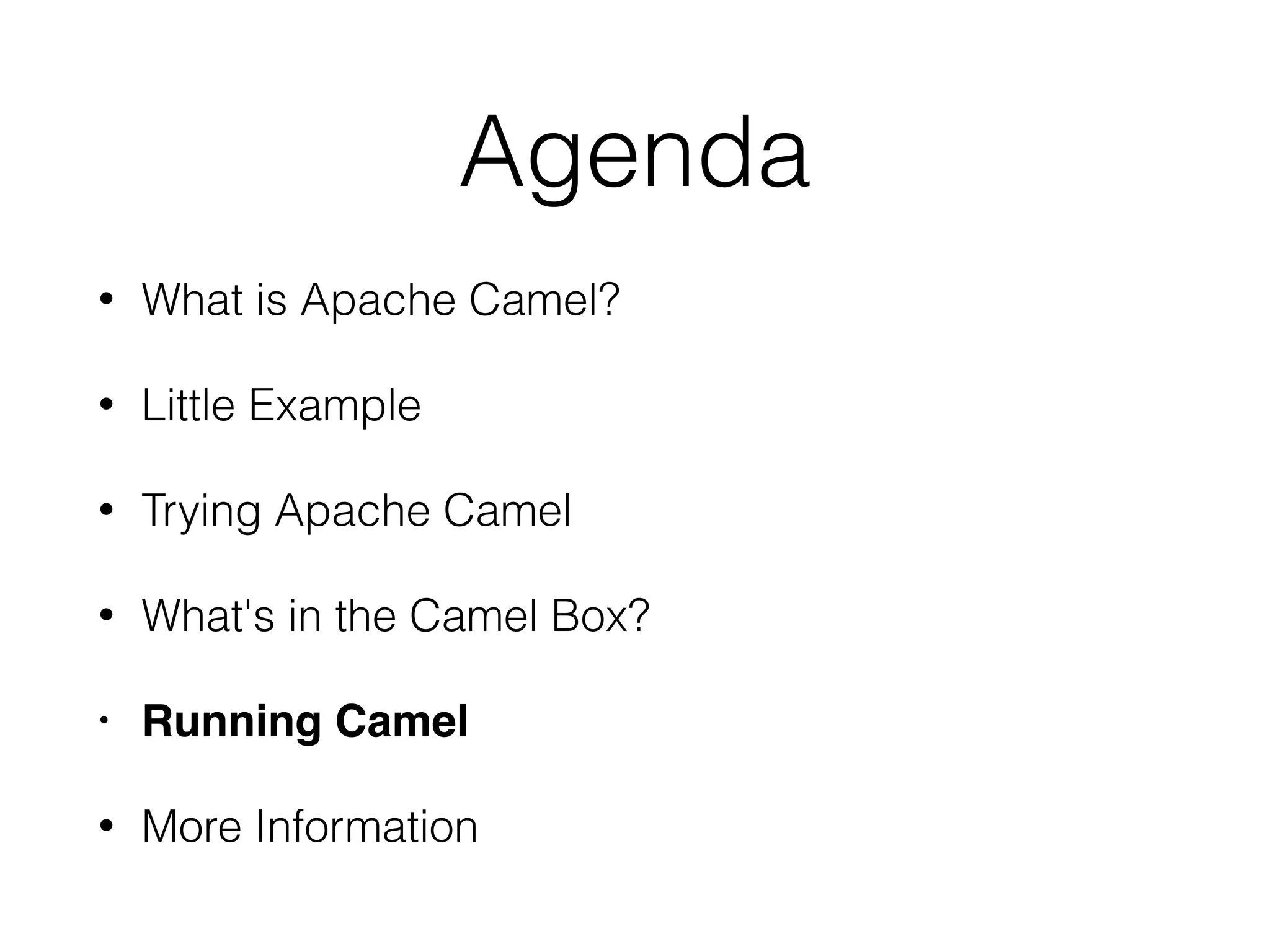 Agenda
• What is Apache Camel?
• Little Example
• Trying Apache Camel
• What's in the Camel Box?
• Running Camel
• More Information
 