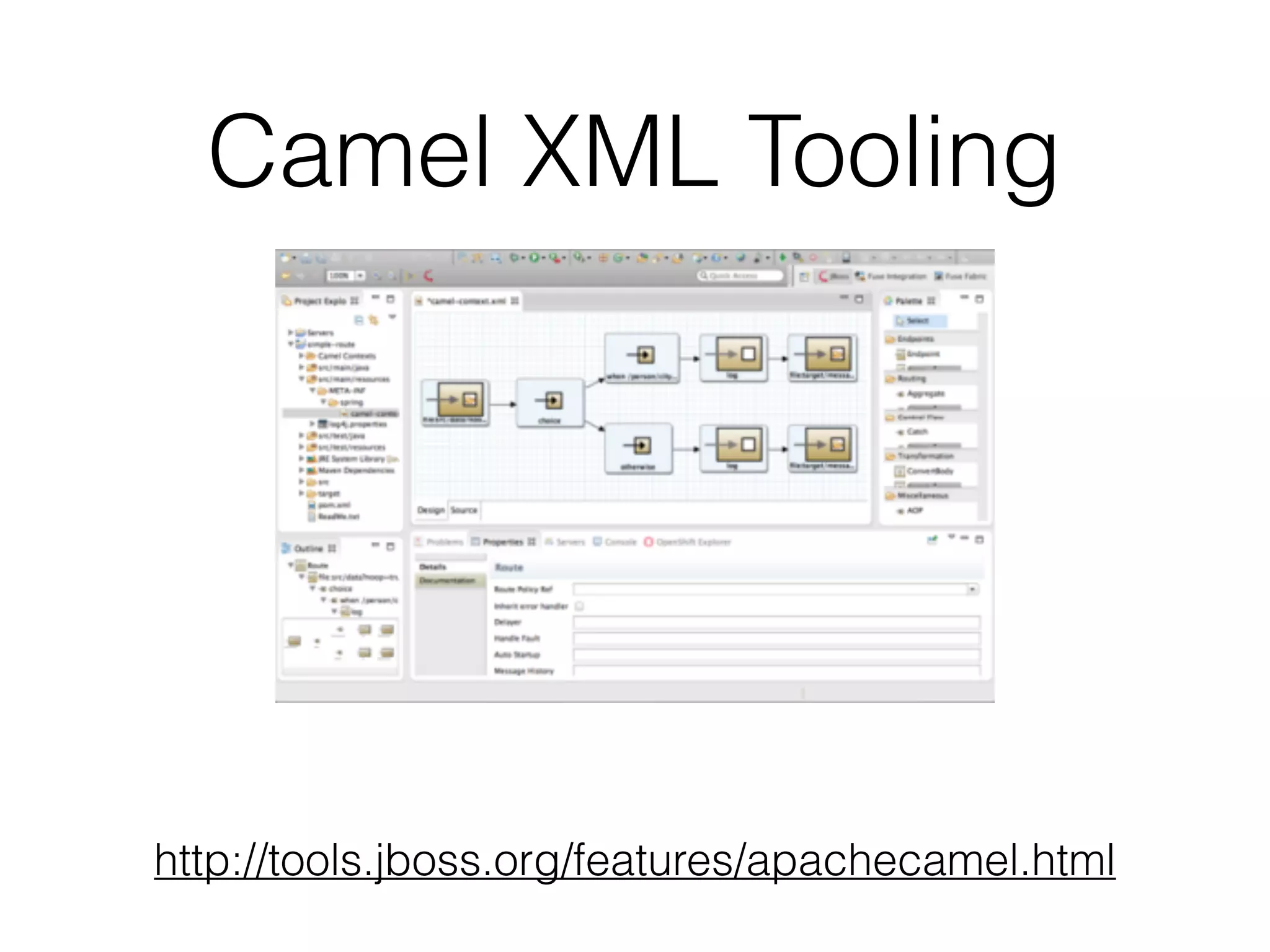 Camel XML Tooling
http://tools.jboss.org/features/apachecamel.html
 