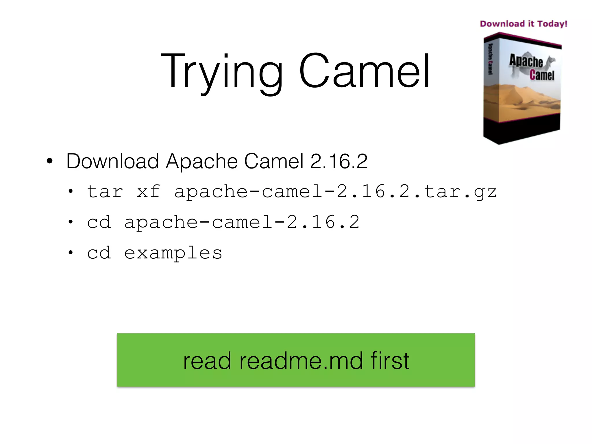 Trying Camel
• Download Apache Camel 2.16.2
• tar xf apache-camel-2.16.2.tar.gz
• cd apache-camel-2.16.2
• cd examples
read readme.md ﬁrst
 