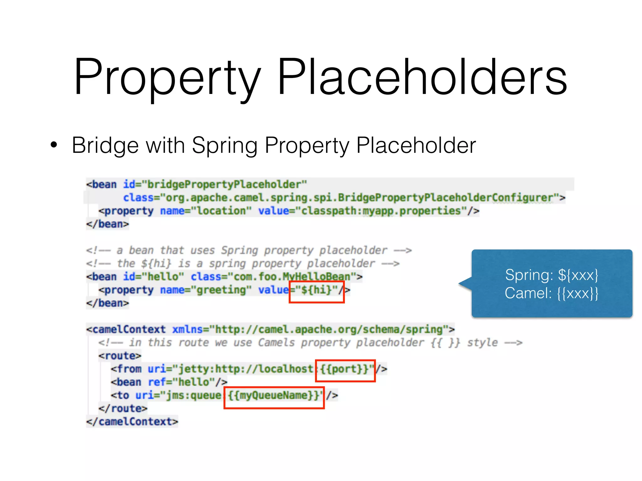 Property Placeholders
• Bridge with Spring Property Placeholder
Spring: ${xxx}
Camel: {{xxx}}
 