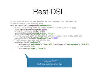 Rest DSL
conﬁgure REST
and turn on swagger api
 