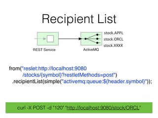 Recipient List
from("reslet:http://localhost:9080 
/stocks/{symbol}?restletMethods=post")
.recipientList(simple("activemq:queue:${header.symbol}"));
curl -X POST -d "120" "http://localhost:9080/stock/ORCL"
 