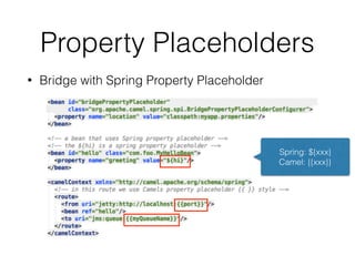 Property Placeholders
• Bridge with Spring Property Placeholder
Spring: ${xxx}
Camel: {{xxx}}
 