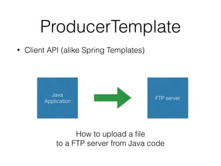 ProducerTemplate
• Client API (alike Spring Templates)
FTP server
Java
Application
How to upload a ﬁle
to a FTP server from Java code
 
