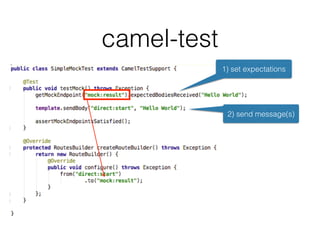 camel-test
1) set expectations
2) send message(s)
 