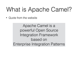 What is Apache Camel?
• Quote from the website
Apache Camel is a
powerful Open Source
Integration Framework
based on
Enter...