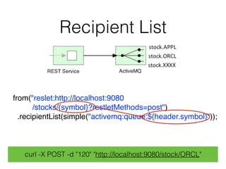 Recipient List
from("reslet:http://localhost:9080 
/stocks/{symbol}?restletMethods=post")
.toD("activemq:queue:${header.sy...