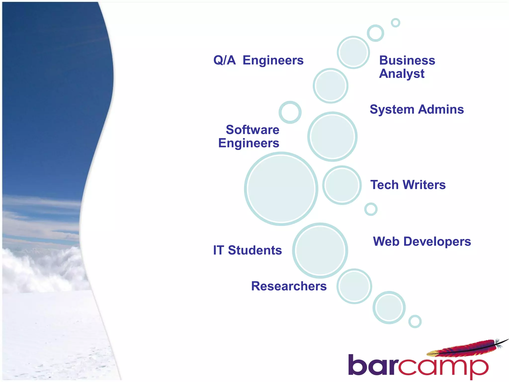 Q/A Engineers        Business
                     Analyst

                    System Admins
 Software
Engineers


                    Tech Writers



                    Web Developers
IT Students

      Researchers
 