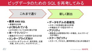 ®
© 2014 MapR Technologies
ビッグデータのための SQL を再考してみる
これまで通り	
  
• 標準	
  ANSI	
  SQL	
  
• 普遍的な仕様	
  
• よく知られている	
  
• BIや分析については切り替え不要	
  
• 単一テクノロジー	
  
• 複数のテクノロジーを管理するのは大変	
  
• エンタープライズ向け	
  
• システム・オブ・レコード、高可用性、災害
対策、セキュリティ、マルチテナント、…	
  
新しく創出	
  
• データモデルの柔軟性	
  
• スキーマの急速な進化を許容	
  
• 半構造化データ型をサポート	
  
• アジリティ	
  
• 開発者とDB管理者が同一の場合、セルフサービ
スを可能に	
  
• スケーラビリティ	
  
• スキーマ、プロセス、運用管理などあらゆる観点で	
  
 