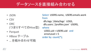 ®
© 2014 MapR Technologies
データソースを直接組み合わせる
•  JSON	
  
•  CSV	
  
•  ORC	
  
(つまりすべてのHive型)	
  
•  Parquet	
  
•  HBase	
  テーブル	
  
•  …	
  を組み合わせ可能	
  
Select	
  	
  USERS.name,	
  	
  USERS.emails.work	
  	
  
from	
  	
  
	
  	
  dfs.logs.`/data/logs`	
  	
  LOGS,	
  
	
  	
  dfs.users.`/proﬁles.json`	
  	
  USERS,	
  
where	
  
	
  	
  	
  LOGS.uid	
  =	
  USERS.uid	
  	
  	
  and	
  
	
  	
  	
  errorLevel	
  >	
  5	
  
order	
  by	
  	
  count(*);	
  
	
  
 
