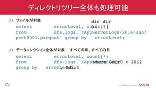 ®
© 2014 MapR Technologies
ディレクトリツリー全体も処理可能
// ファイルが対象!
select errorLevel, count(*) 
from dfs.logs.`/AppServerLogs/2014/Jan/
part0001.parquet` group by errorLevel;!
!
// データコレクション全体が対象: すべての年、すべての月!
select errorLevel, count(*) 
from dfs.logs.`/AppServerLogs`  
!
group by errorLevel!
where $dir0 > 2012!
, $dir1!
dir
0!
dir
1!
 