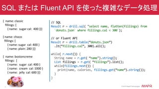 ®
© 2014 MapR Technologies
SQL または Fluent API を使った複雑なデータ処理
//	
  SQL	
  
Result	
  r	
  =	
  drill.sql(	
  "select	
  name,	
  flatten(fillings)	
  from	
  	
  	
  	
  
	
  	
  `donuts.json`	
  where	
  fillings.cal	
  <	
  300`);	
  
	
  
//	
  or	
  Fluent	
  API	
  
Result	
  r	
  =	
  drill.table(“donuts.json”)	
  
	
  	
  .lt(“fillings.cal”,	
  300).all();	
  
	
  
while(	
  r.next())	
  {	
  
	
  	
  String	
  name	
  =	
  r.get(	
  “name").string();	
  
	
  	
  List	
  fillings	
  =	
  r.get(	
  “fillings”).list();	
  
	
  	
  while(fillings.next())	
  {	
  
	
  	
  	
  	
  print(name,	
  calories,	
  fillings.get(“name”).string());	
  
	
  	
  }	
  
}	
  
{	
  	
  name:	
  classic	
  
	
  	
  	
  ﬁllings:	
  [	
  	
  
	
  	
  	
  	
  	
  	
  {	
  name:	
  	
  sugar	
  cal:	
  	
  400	
  }]}	
  
	
  
{	
  name:	
  choco	
  
	
  	
  ﬁllings:	
  [	
  
	
  	
  	
  	
  	
  	
  {	
  name:	
  sugar	
  	
  cal:	
  400	
  }	
  
	
  	
  	
  	
  	
  	
  {	
  name:	
  plain:	
  280	
  }]}	
  
	
  
{	
  	
  name:	
  bostoncreme	
  
	
  	
  	
  ﬁllings:	
  	
  [	
  
	
  	
  	
  	
  	
  	
  {	
  name:	
  	
  sugar	
  	
  cal:	
  400	
  }	
  
	
  	
  	
  	
  	
  	
  {	
  name:	
  	
  cream	
  	
  cal:	
  1000	
  }	
  
	
  	
  	
  	
  	
  	
  {	
  name:	
  	
  jelly	
  	
  cal:	
  600	
  }]}	
  
	
  	
  
 