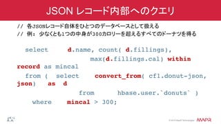 ®
© 2014 MapR Technologies
JSON レコード内部へのクエリ
// 各JSONレコード自体をひとつのデータベースとして扱える!
// 例: 少なくとも1つの中身が300カロリーを超えるすべてのドーナツを得る 
!
!select d.name, count( d.fillings),!
max(d.fillings.cal) within
record as mincal!
!from ( select convert_from( cf1.donut-json,
json) as d ! !
from hbase.user.`donuts` )!
where mincal > 300; !
!
 