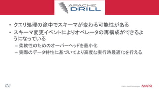 ®
© 2014 MapR Technologies
a
•  クエリ処理の途中でスキーマが変わる可能性がある	
  
•  スキーマ変更イベントによりオペレータの再構成ができるよ
うになっている	
– 柔軟性のためのオーバーヘッドを最小化	
  
– 実際のデータ特性に基づいてより高度な実行時最適化を行える	
  
 