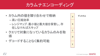 ®
© 2014 MapR Technologies
カラムナエンコーディング
•  カラム内の値を隣り合わせで格納	
  
– 高い圧縮効率	
  
– レンジマップ:	
  最小値と最大値を保管し、存
在しなければスキップ	
  
•  クエリで対象になっているカラムのみを取
得	
  
•  デコードすることなく集約可能	
  
A	
  
B	
  
C	
  
D	
  
ディスク上	
  
E	
  
 