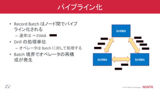 ®
© 2014 MapR Technologies
パイプライン化
•  Record	
  Batch	
  はノード間でパイプ
ライン化される	
  
–  通常は	
  〜256kB	
  
•  Drill	
  の処理単位	
  
–  オペレータは	
  Batch	
  に対して処理する	
  
•  Batch	
  境界でオペレータの再構
成が発生	
  
DrillBit	
  
DrillBit	
   DrillBit	
  
 