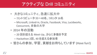 ®
© 2014 MapR Technologies
アクティブな Drill コミュニティ
•  大きなコミュニティ、急速に拡大中	
  
– コントリビュータ	
  35〜40名、コミッタ	
  16名	
  
– Microsoz,	
  Linked-­‐in,	
  Oracle,	
  Facebook,	
  Visa,	
  Lucidworks,	
  
Concurrent,	
  多数の大学	
  
•  2014	
  年の活動	
  
– 20	
  回を超える Meet-­‐Up、さらに多数を予定	
  
– Hackathon	
  2回、40	
  を超える参加者	
  
•  皆さんの参加、学習、貢献をお待ちしています	
  (Have	
  fun!)	
  
 