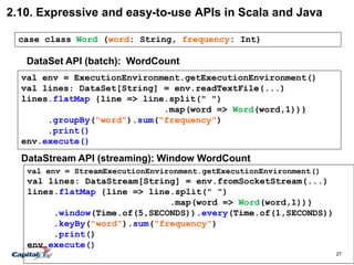 27
2.10. Expressive and easy-to-use APIs in Scala and Java
case class Word (word: String, frequency: Int)
val env = StreamExecutionEnvironment.getExecutionEnvironment()
val lines: DataStream[String] = env.fromSocketStream(...)
lines.flatMap {line => line.split(" ")
.map(word => Word(word,1))}
.window(Time.of(5,SECONDS)).every(Time.of(1,SECONDS))
.keyBy("word").sum("frequency")
.print()
env.execute()
val env = ExecutionEnvironment.getExecutionEnvironment()
val lines: DataSet[String] = env.readTextFile(...)
lines.flatMap {line => line.split(" ")
.map(word => Word(word,1))}
.groupBy("word").sum("frequency")
.print()
env.execute()
DataSet API (batch): WordCount
DataStream API (streaming): Window WordCount
 