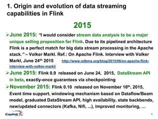 5
1. Origin and evolution of data streaming
capabilities in Flink
2015
June 2015: “I would consider stream data analysis to be a major
unique selling proposition for Flink. Due to its pipelined architecture
Flink is a perfect match for big data stream processing in the Apache
stack.” – Volker Markl. Ref.: On Apache Flink. Interview with Volker
Markl, June 24th 2015 http://www.odbms.org/blog/2015/06/on-apache-flink-
interview-with-volker-markl/
June 2015: Flink 0.9 released on June 24, 2015, DataStream API
in beta, exactly-once guarantees via checkpointing
November 2015: Flink 0.10 released on November 16th, 2015,
Event time support, windowing mechanism based on Dataflow/Beam
model, graduated DataStream API, high availability, state backbends,
new/updated connectors (Kafka, Nifi, ...), improved monitoring, …
 