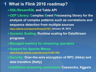1 What is Flink 2016 roadmap?
SQL/StreamSQL and Table API
CEP Library: Complex Event Processing library for the
analysis of complex patterns such as correlations and
sequence detection from multiple sources
https://github.com/apache/flink/pull/1557 January 28, 2015
Dynamic Scaling: Runtime scaling for DataStream
programs
Managed memory for streaming operators
Support for Apache Mesos
https://issues.apache.org/jira/browse/FLINK-1984
Security: Over-the-wire encryption of RPC (Akka) and
data transfers (Netty)
Additional streaming connectors: Cassandra, Kinesis109
 