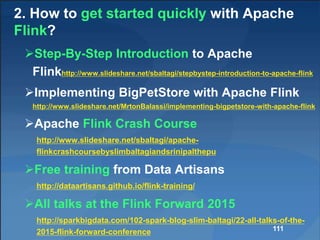 2. How to get started quickly with Apache
Flink?
Step-By-Step Introduction to Apache
Flinkhttp://www.slideshare.net/sbaltagi/stepbystep-introduction-to-apache-flink
Implementing BigPetStore with Apache Flink
http://www.slideshare.net/MrtonBalassi/implementing-bigpetstore-with-apache-flink
Apache Flink Crash Course
http://www.slideshare.net/sbaltagi/apache-
flinkcrashcoursebyslimbaltagiandsrinipalthepu
Free training from Data Artisans
http://dataartisans.github.io/flink-training/
All talks at the Flink Forward 2015
http://sparkbigdata.com/102-spark-blog-slim-baltagi/22-all-talks-of-the-
2015-flink-forward-conference 111
 