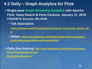 4.3 Gelly – Graph Analytics for Flink
Single-pass Graph Streaming Analytics with Apache
Flink. Vasia Kalavri & Paris Carbone. January 31, 2016
FOSDEM'16. Brussels, BELGIUM.
• Talk description
:https://fosdem.org/2016/schedule/event/graph_processing_apache_flin
k/
• Slides: http://www.slideshare.net/vkalavri/gellystream-singlepass-
graph-streaming-analytics-with-apache-flink
Gelly free training! http://www.slideshare.net/FlinkForward/vasia-
kalavri-training-gelly-school
http://gellyschool.com/
34
 