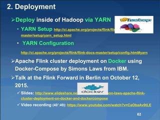 2. Deployment
Deploy inside of Hadoop via YARN
• YARN Setup http://ci.apache.org/projects/flink/flink-docs-
master/setup/yarn_setup.html
• YARN Configuration
http://ci.apache.org/projects/flink/flink-docs-master/setup/config.html#yarn
Apache Flink cluster deployment on Docker using
Docker-Compose by Simons Laws from IBM.
Talk at the Flink Forward in Berlin on October 12,
2015.
 Slides: http://www.slideshare.net/FlinkForward/simon-laws-apache-flink-
cluster-deployment-on-docker-and-dockercompose
 Video recording (40’:49): https://www.youtube.com/watch?v=CaObaAv9tLE
62
 