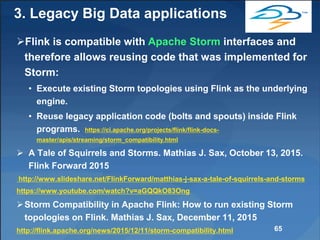 3. Legacy Big Data applications
Flink is compatible with Apache Storm interfaces and
therefore allows reusing code that was implemented for
Storm:
• Execute existing Storm topologies using Flink as the underlying
engine.
• Reuse legacy application code (bolts and spouts) inside Flink
programs. https://ci.apache.org/projects/flink/flink-docs-
master/apis/streaming/storm_compatibility.html
 A Tale of Squirrels and Storms. Mathias J. Sax, October 13, 2015.
Flink Forward 2015
http://www.slideshare.net/FlinkForward/matthias-j-sax-a-tale-of-squirrels-and-storms
https://www.youtube.com/watch?v=aGQQkO83Ong
Storm Compatibility in Apache Flink: How to run existing Storm
topologies on Flink. Mathias J. Sax, December 11, 2015
http://flink.apache.org/news/2015/12/11/storm-compatibility.html 65
 