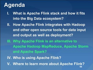 Agenda
I. What is Apache Flink stack and how it fits
into the Big Data ecosystem?
II. How Apache Flink integrates with Hadoop
and other open source tools for data input
and output as well as deployment?
III. Why Apache Flink is an alternative to
Apache Hadoop MapReduce, Apache Storm
and Apache Spark?
IV. Who is using Apache Flink?
V. Where to learn more about Apache Flink?
68
 