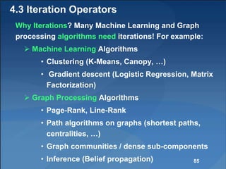 4.3 Iteration Operators
Why Iterations? Many Machine Learning and Graph
processing algorithms need iterations! For example:
 Machine Learning Algorithms
• Clustering (K-Means, Canopy, …)
• Gradient descent (Logistic Regression, Matrix
Factorization)
 Graph Processing Algorithms
• Page-Rank, Line-Rank
• Path algorithms on graphs (shortest paths,
centralities, …)
• Graph communities / dense sub-components
• Inference (Belief propagation) 85
 