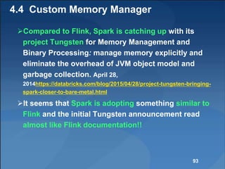 4.4 Custom Memory Manager
Compared to Flink, Spark is catching up with its
project Tungsten for Memory Management and
Binary Processing: manage memory explicitly and
eliminate the overhead of JVM object model and
garbage collection. April 28,
2014https://databricks.com/blog/2015/04/28/project-tungsten-bringing-
spark-closer-to-bare-metal.html
It seems that Spark is adopting something similar to
Flink and the initial Tungsten announcement read
almost like Flink documentation!!
93
 