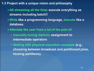 1.3 Project with a unique vision and philosophy
All streaming all the time: execute everything as
streams including batch...