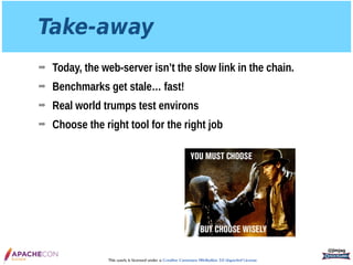 This work is licensed under a Creative Commons Attribution 3.0 Unported License.
Take-away
➡ Today, the web-server isn’t the slow link in the chain.
➡ Benchmarks get stale… fast!
➡ Real world trumps test environs
➡ Choose the right tool for the right job
@jimjag
 