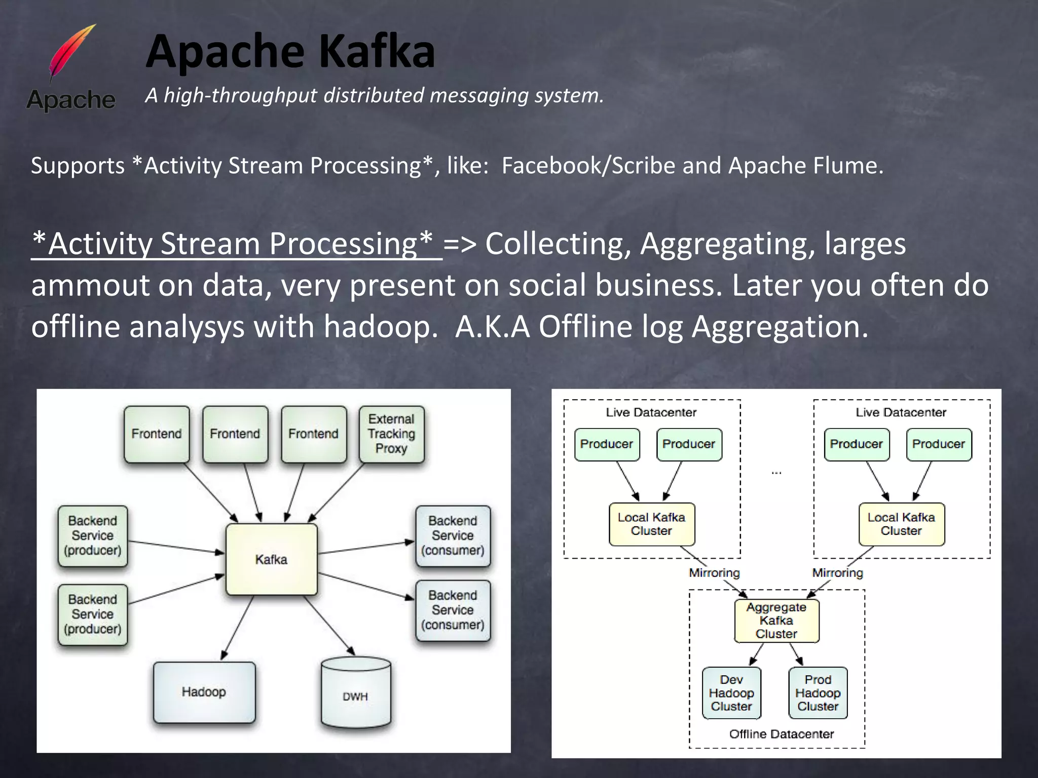 Apache Kafka
          A high-throughput distributed messaging system.


Supports *Activity Stream Processing*, like: Facebook/Scribe and Apache Flume.


*Activity Stream Processing* => Collecting, Aggregating, larges
ammout on data, very present on social business. Later you often do
offline analysys with hadoop. A.K.A Offline log Aggregation.
 