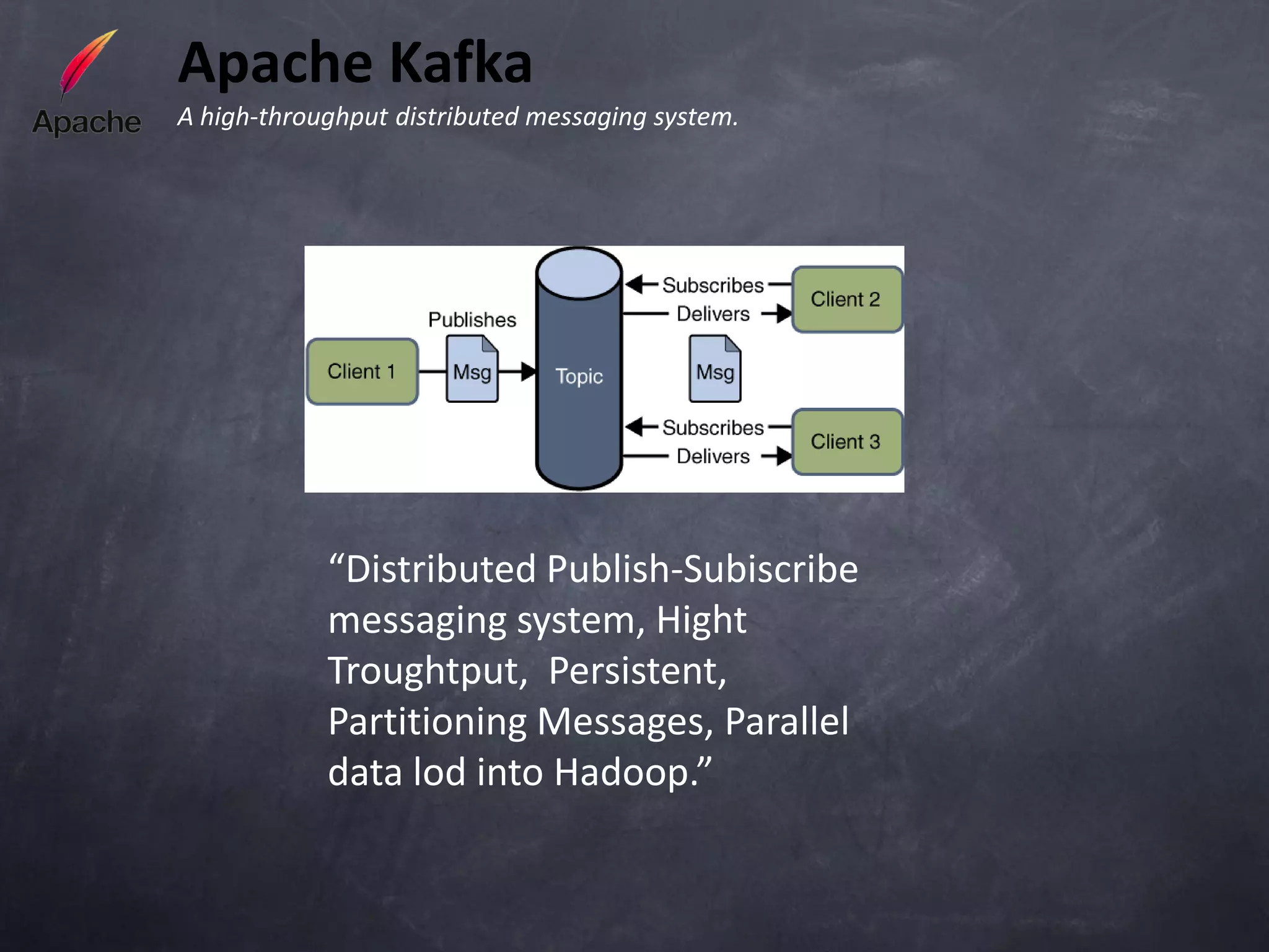 Apache Kafka
A high-throughput distributed messaging system.




            “Distributed Publish-Subiscribe
            messaging system, Hight
            Troughtput, Persistent,
            Partitioning Messages, Parallel
            data lod into Hadoop.”
 
