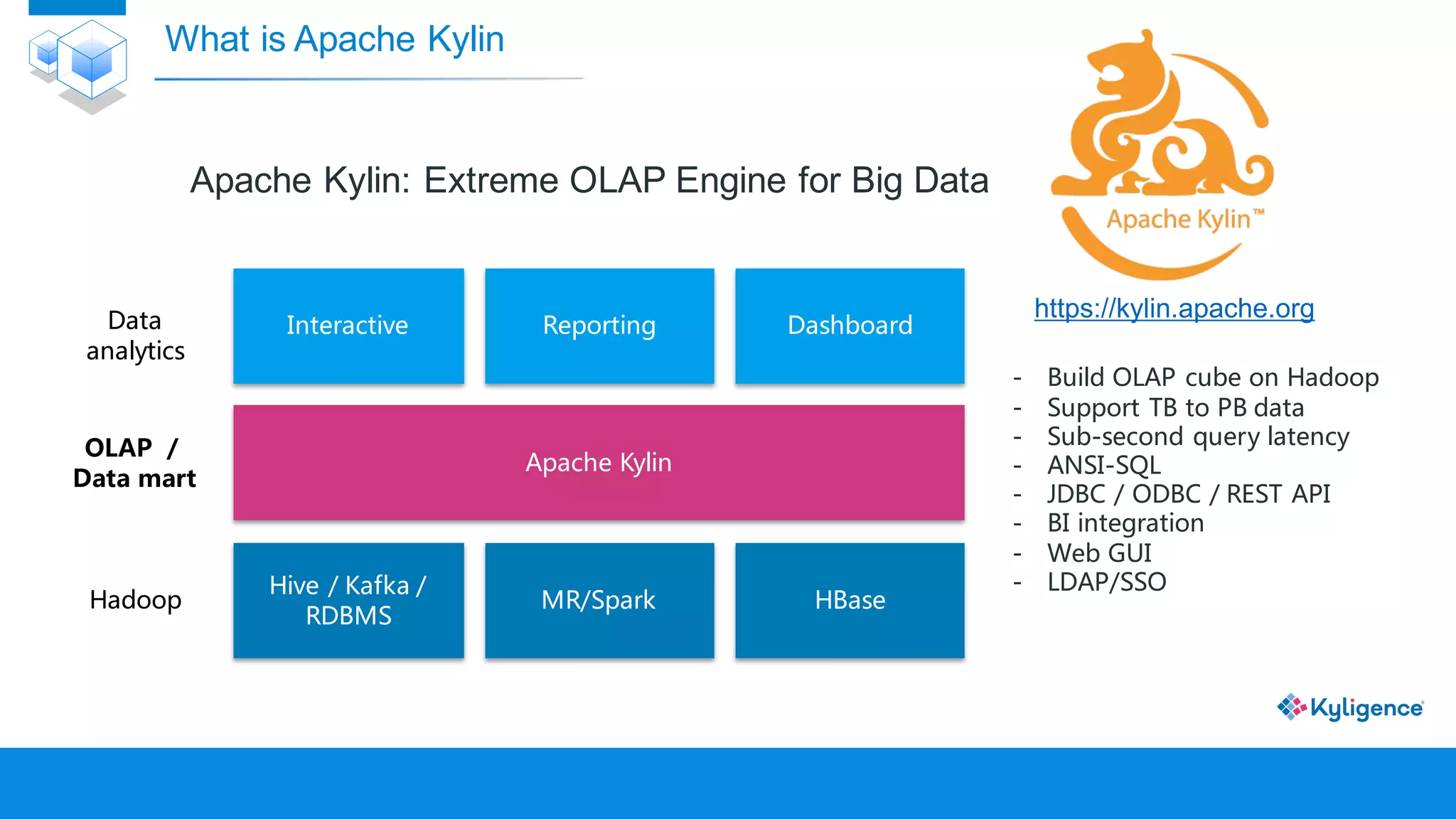 What is Apache Kylin
Data
analytics
Hive / Kafka /
RDBMS
Apache Kylin
MR/Spark HBase
Interactive Reporting Dashboard
OLAP ／
Data mart
Hadoop
- Build OLAP cube on Hadoop
- Support TB to PB data
- Sub-second query latency
- ANSI-SQL
- JDBC / ODBC / REST API
- BI integration
- Web GUI
- LDAP/SSO
Apache Kylin: Extreme OLAP Engine for Big Data
https://kylin.apache.org
 