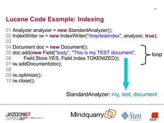 Lucene Code Example: Indexing 01  Analyzer analyzer =  new  StandardAnalyzer(); 02  IndexWriter iw =  new  IndexWriter( "/tmp/testindex" , analyzer,  true ); 03   04  Document doc =  new  Document(); 05  doc.add( new  Field( "body" ,  "This is my TEST document" ,   06          Field.Store.YES, Field.Index.TOKENIZED)); 07  iw.addDocument(doc); 08   09  iw.optimize(); 10  iw.close(); loop StandardAnalyzer:  my ,  test ,  document 