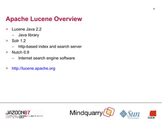 Apache Lucene Overview Lucene Java 2.2 Java library Solr 1.2 http-based index and search server Nutch 0.9 Internet search engine software http://lucene.apache.org 