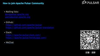 How to join Apache Pulsar Community
&bull; Mailing lists:
dev@pulsar.apache.org
users@pulsar.apache.org
&bull; Github:
https://github.com/apache/pulsar
https://github.com/apache/pulsar-translation
&bull; Slack:
https://apache-pulsar.slack.com/
https://apache-pulsar.herokuapp.com/
&bull; WeChat
回复：进群
 