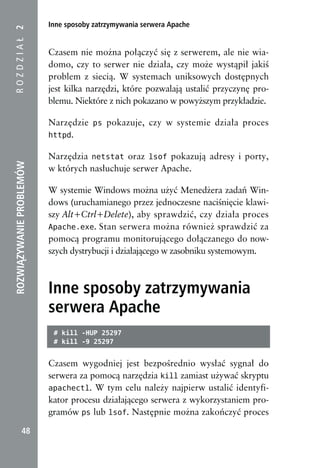 Inne sposoby zatrzymywania serwera Apache
ROZDZIAŁ 2


                          Czasem nie można połączyć się z serwerem, ale nie wia-
                          domo, czy to serwer nie działa, czy może wystąpił jakiś
                          problem z siecią. W systemach uniksowych dostępnych
                          jest kilka narzędzi, które pozwalają ustalić przyczynę pro-
                          blemu. Niektóre z nich pokazano w powyższym przykładzie.

                          Narzędzie ps pokazuje, czy w systemie działa proces
                          httpd.

                          Narzędzia netstat oraz lsof pokazują adresy i porty,
ROZWIĄZYWANIE PROBLEMÓW




                          w których nasłuchuje serwer Apache.

                          W systemie Windows można użyć Menedżera zadań Win-
                          dows (uruchamianego przez jednoczesne naciśnięcie klawi-
                          szy Alt+Ctrl+Delete), aby sprawdzić, czy działa proces
                          Apache.exe. Stan serwera można również sprawdzić za
                          pomocą programu monitorującego dołączanego do now-
                          szych dystrybucji i działającego w zasobniku systemowym.



                          Inne sposoby zatrzymywania
                          serwera Apache
                           # kill -HUP 25297
                           # kill -9 25297


                          Czasem wygodniej jest bezpośrednio wysłać sygnał do
                          serwera za pomocą narzędzia kill zamiast używać skryptu
                          apachectl. W tym celu należy najpierw ustalić identyfi-
                          kator procesu działającego serwera z wykorzystaniem pro-
                          gramów ps lub lsof. Następnie można zakończyć proces

            48
 