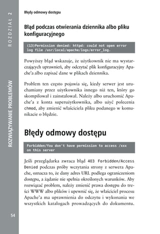 Błędy odmowy dostępu
ROZDZIAŁ 2


                          Błąd podczas otwierania dziennika albo pliku
                          konfiguracyjnego
                           (13)Permission denied: httpd: could not open error
                           log file /usr/local/apache/logs/error_log.


                          Powyższy błąd wskazuje, że użytkownik nie ma wystar-
                          czających uprawnień, aby odczytać plik konfiguracyjny Apa-
                          che’a albo zapisać dane w plikach dziennika.
ROZWIĄZYWANIE PROBLEMÓW




                          Problem ten często pojawia się, kiedy serwer jest uru-
                          chamiany przez użytkownika innego niż ten, który go
                          skompilował i zainstalował. Należy albo uruchomić Apa-
                          che’a z konta superużytkownika, albo użyć polecenia
                          chmod, aby zmienić właściciela pliku podanego w komu-
                          nikacie o błędzie.



                          Błędy odmowy dostępu
                           Forbidden/You don't have permission to access /xxx
                           on this server


                          Jeśli przeglądarka zwraca błąd 403 Forbidden/Access
                          Denied podczas próby wczytania strony z serwera Apa-
                          che, oznacza to, że dany adres URL podlega ograniczeniom
                          dostępu, a żądanie nie spełnia określonych warunków. Aby
                          rozwiązać problem, należy zmienić prawa dostępu do tre-
                          ści WWW albo plików i upewnić się, że właściciel procesu
                          Apache’a ma uprawnienia do odczytu i wykonania we
                          wszystkich katalogach prowadzących do dokumentu.

            54
 